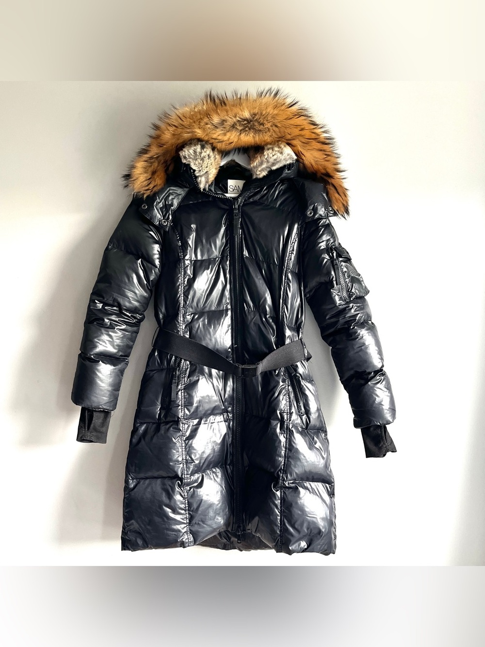 SAM. shiny black puffer coat womens medium down fur trim hood belted long zip
